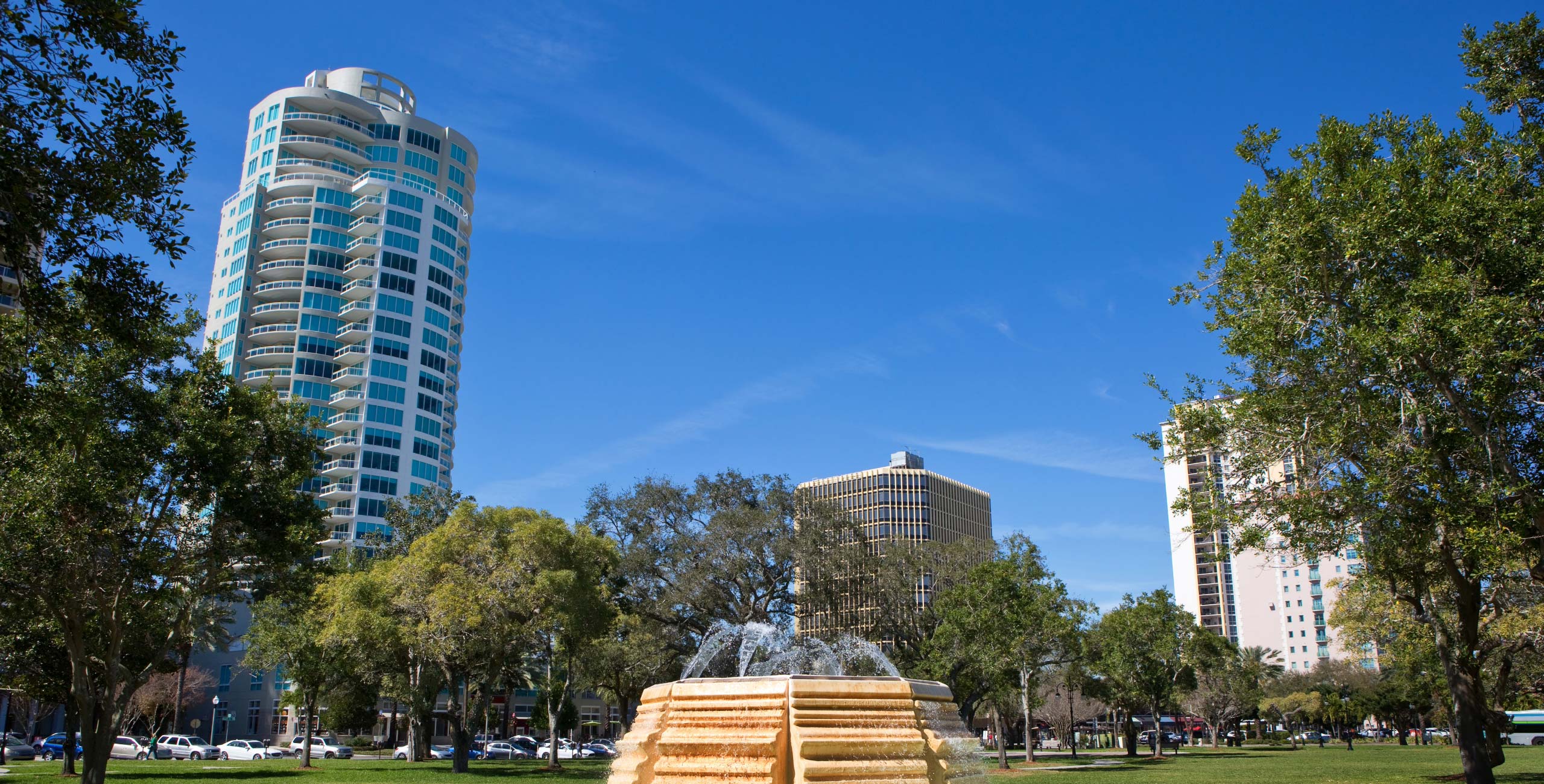 Buildings, trees and fountain in St. Petersburg, FL